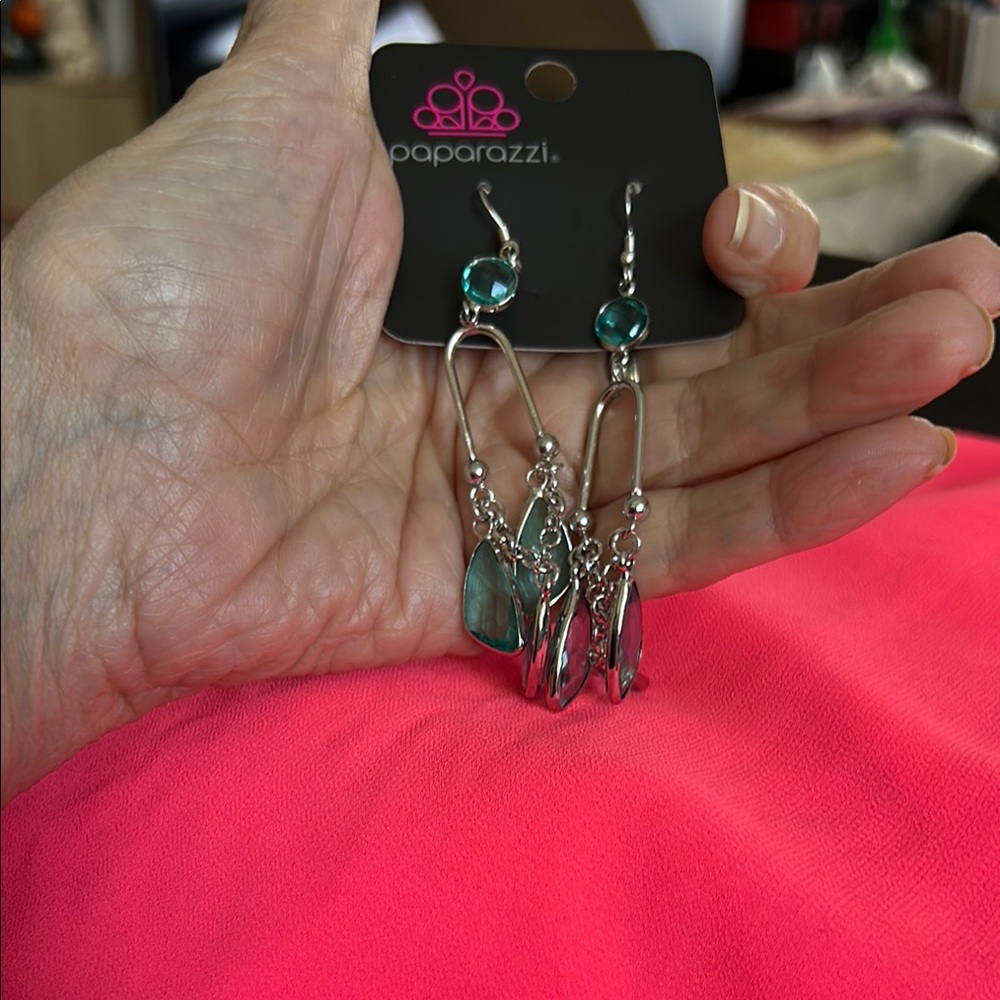 Paparazzi Silver and Blue Feather Charm Earrings